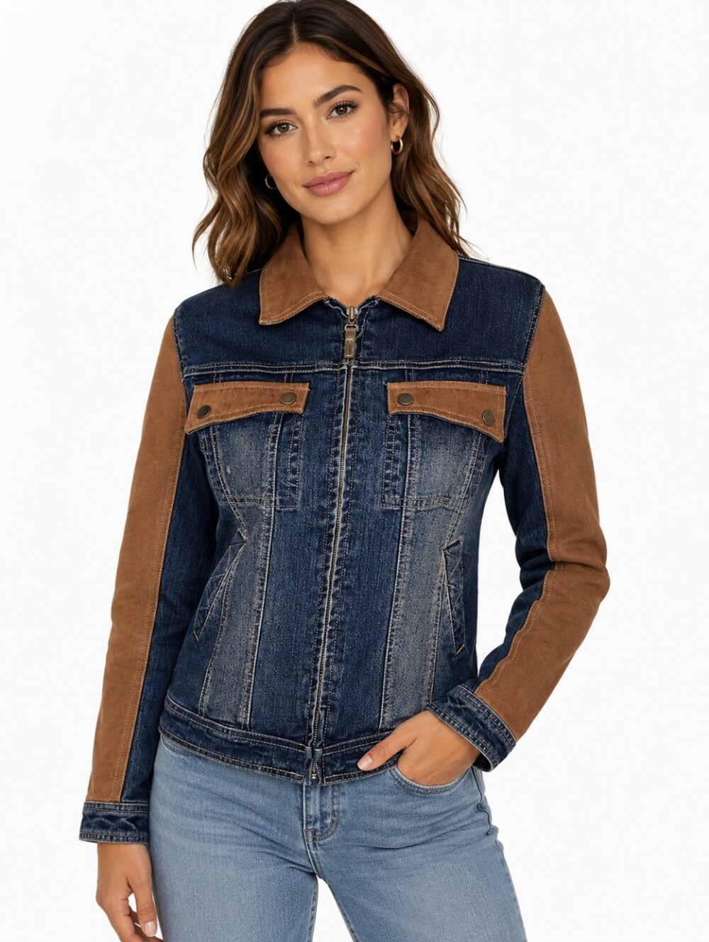 Y2K Blue Denim Jacket Faux Suede Brown Contrast Zip Front Retro Western Medium
